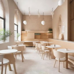 A beautifully designed café located in a 100-year-old house, featuring high walls and ceilings