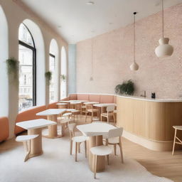 A beautifully designed café located in a 100-year-old house, featuring high walls and ceilings