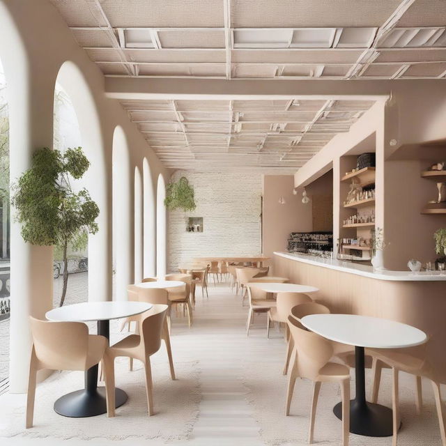 A beautifully designed café located in a 100-year-old house, featuring high walls and ceilings