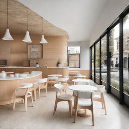 A beautifully designed café located in a 100-year-old house, featuring high walls and ceilings