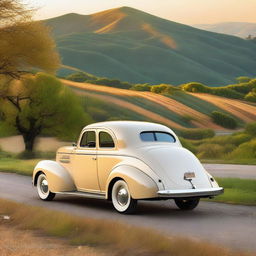 A 1939 cream color Chevrolet coupe with copper wheel rims