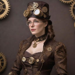 A woman decked in elegant steampunk attire, featuring Victorian-era clothing, goggles, and intricately designed gears and cogs as accessories.