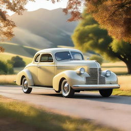 A 1939 cream color Chevrolet coupe with copper wheel rims