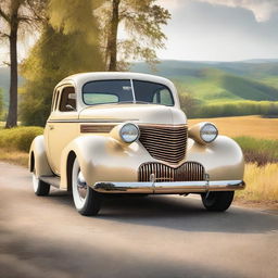 A 1939 cream color Chevrolet coupe with copper wheel rims