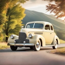 A 1939 cream color Chevrolet coupe with copper wheel rims