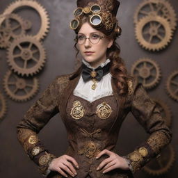 A woman decked in elegant steampunk attire, featuring Victorian-era clothing, goggles, and intricately designed gears and cogs as accessories.