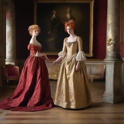 A young blonde woman wearing a ballgown stands before a portrait of a red-haired woman