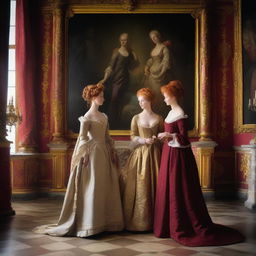 A young blonde woman wearing a ballgown stands before a portrait of a red-haired woman