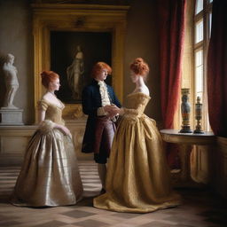 A young blonde woman wearing a ballgown stands before a portrait of a red-haired woman