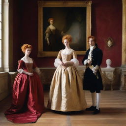 A young blonde woman wearing a ballgown stands before a portrait of a red-haired woman