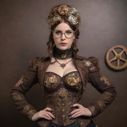 A woman decked in elegant steampunk attire, featuring Victorian-era clothing, goggles, and intricately designed gears and cogs as accessories.