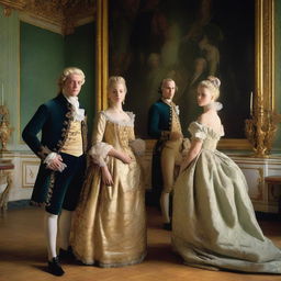 A young blonde woman wearing a ballgown stands before a portrait