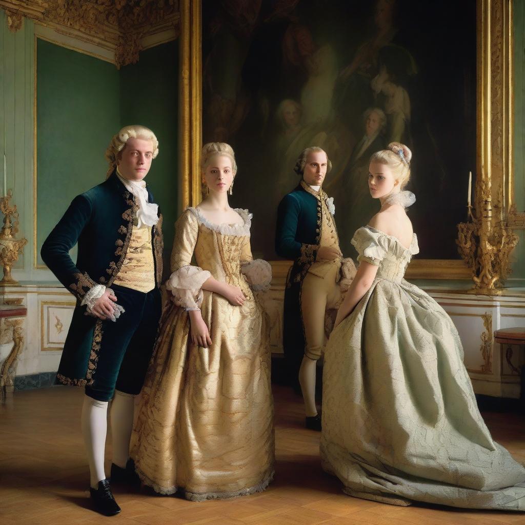 A young blonde woman wearing a ballgown stands before a portrait