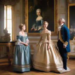 A young blonde woman wearing a ballgown stands before a portrait