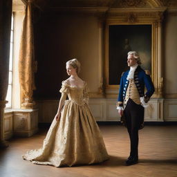 A young blonde woman wearing a ballgown stands before a portrait