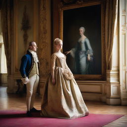 A young blonde woman wearing a ballgown stands before a portrait