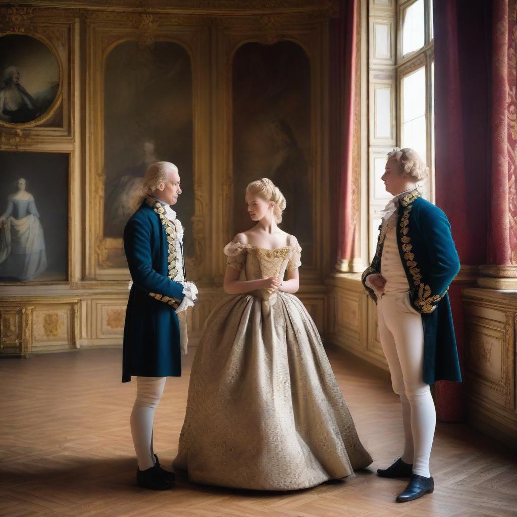 Inside the Palace of Versailles, a young blonde woman wearing a ballgown stands before a portrait