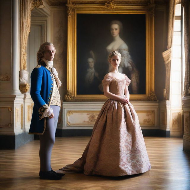 Inside the Palace of Versailles, a young blonde woman wearing a ballgown stands before a portrait