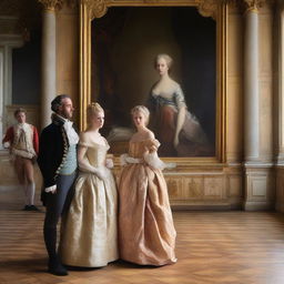 Inside the Palace of Versailles, a young blonde woman wearing a ballgown stands before a portrait