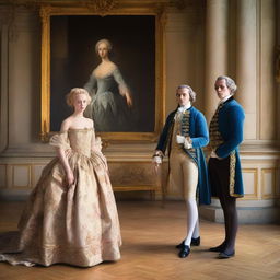 Inside the Palace of Versailles, a young blonde woman wearing a ballgown stands before a portrait