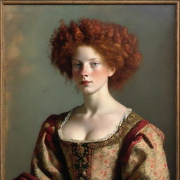 On a wall, a portrait of a woman with red, curly hair