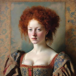 On a wall, a portrait of a woman with red, curly hair