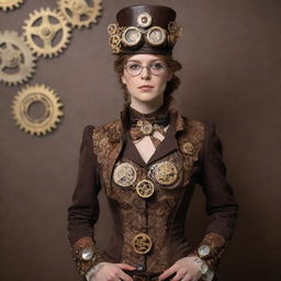 A woman decked in elegant steampunk attire, featuring Victorian-era clothing, goggles, and intricately designed gears and cogs as accessories.