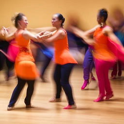 A lively group of women engaged in a vibrant dance, full of movement and rhythmic grace.