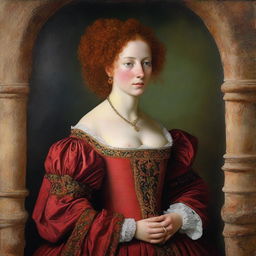 On a wall, a portrait of a woman with red, curly hair