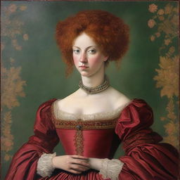 On a wall, a portrait of a woman with red, curly hair