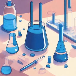 A detailed illustration of methylene blue dye in a laboratory setting, showing the dye in a glass beaker with a pipette nearby