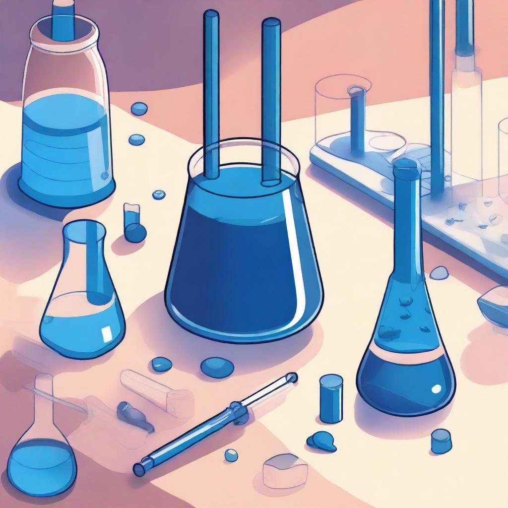 A detailed illustration of methylene blue dye in a laboratory setting, showing the dye in a glass beaker with a pipette nearby