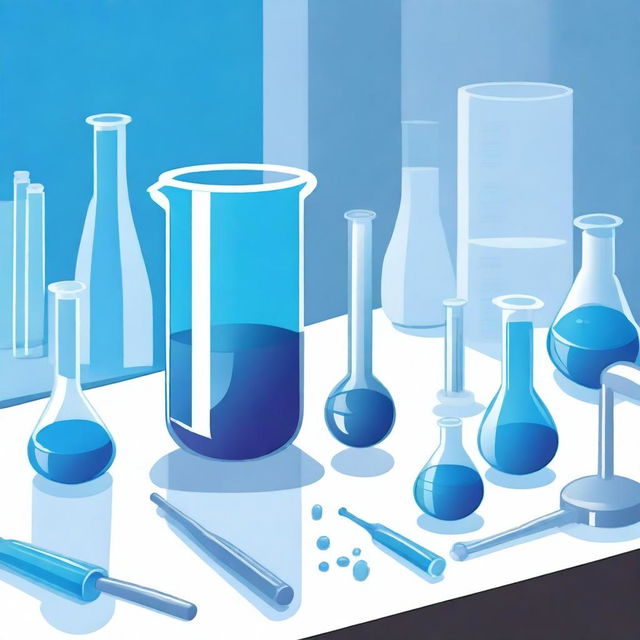 A detailed illustration of methylene blue dye in a laboratory setting, showing the dye in a glass beaker with a pipette nearby