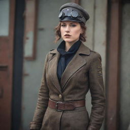 A woman clad in dieselpunk fashion, blending vintage-based aesthetics, grungy industrial details, and a bold warrior-like demeanor.