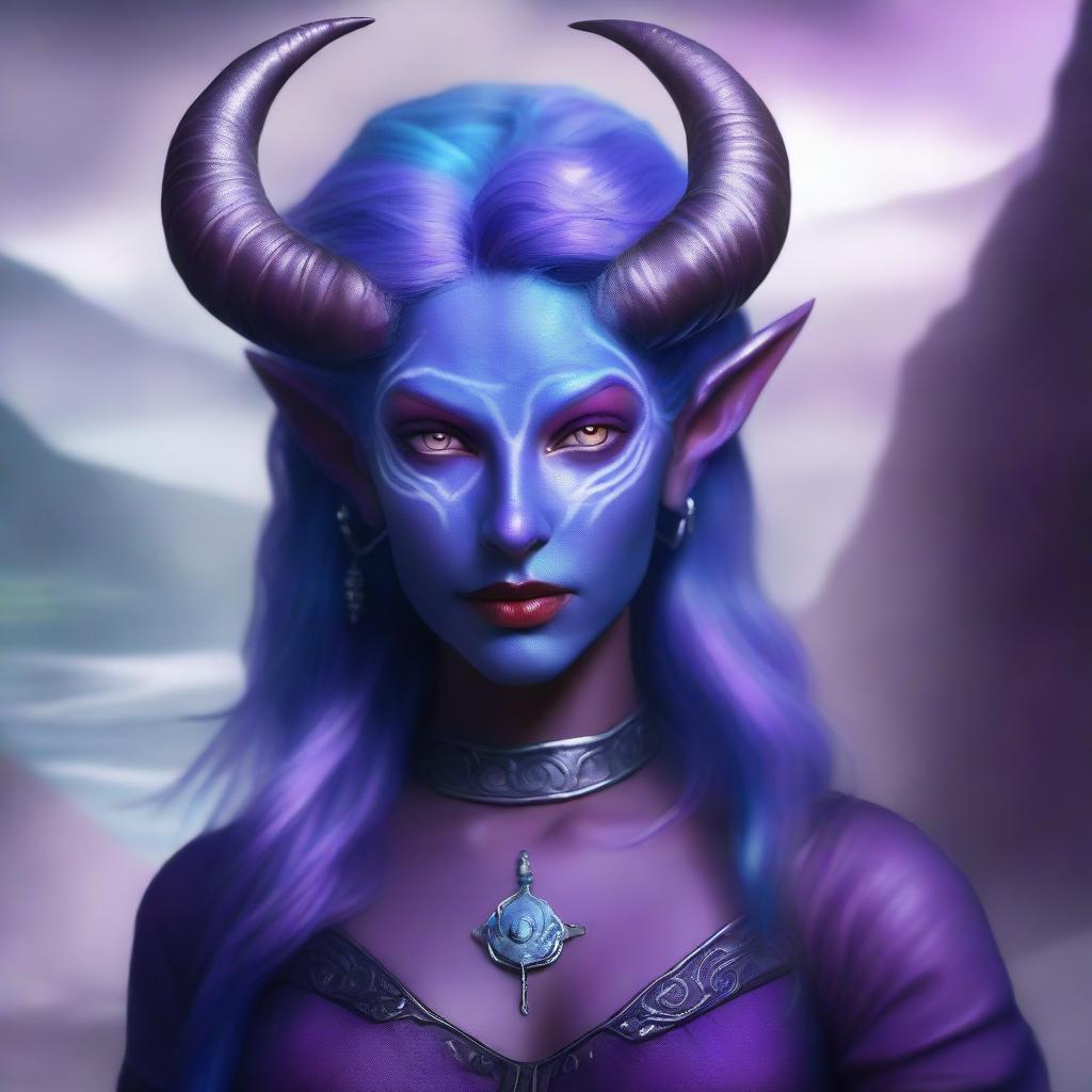 A female Tiefling with completely purple skin, blue hair, and silver eyes