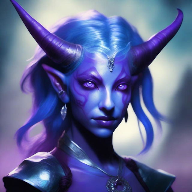 A female Tiefling with completely purple skin, blue hair, and silver eyes