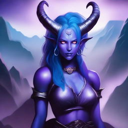 A female Tiefling with completely purple skin, blue hair, and silver eyes