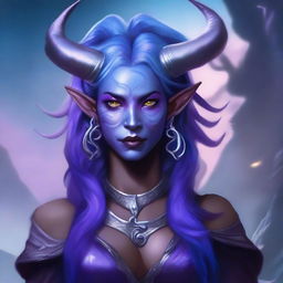 A female Tiefling with completely purple skin, blue hair, and silver eyes