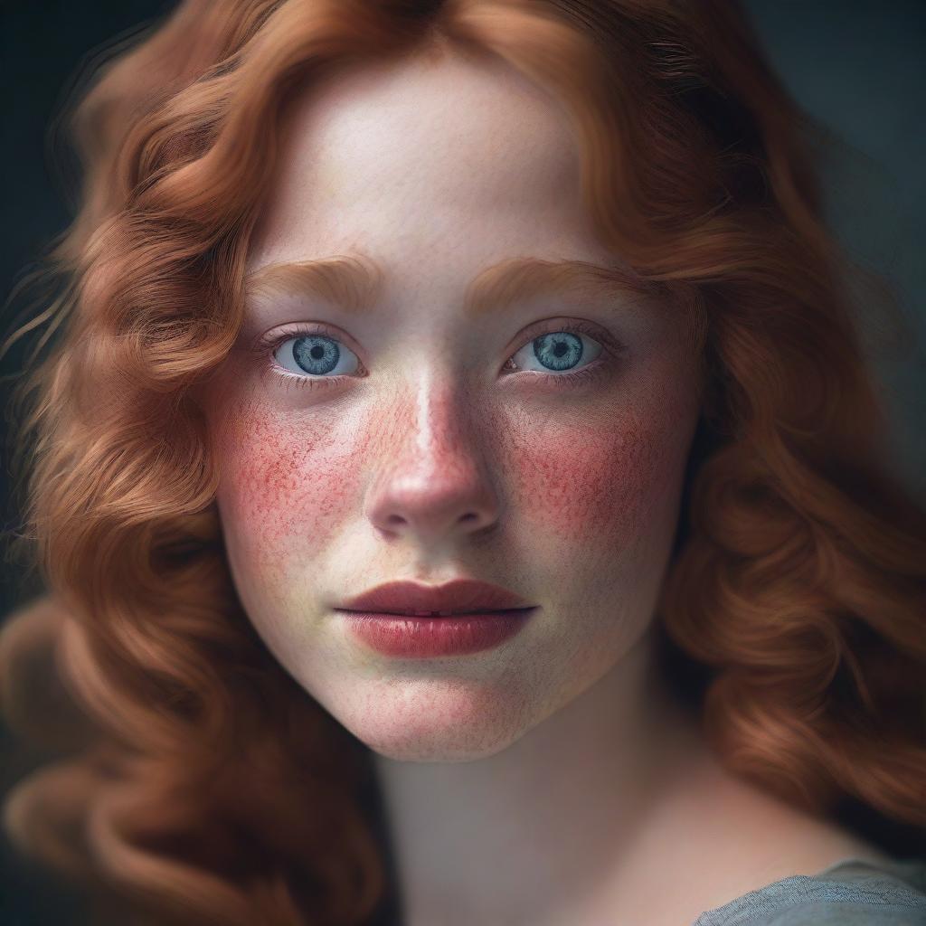 A 19 year old woman with strawberry blonde wavy hair, bright hazel eyes, some freckles across her nose and cheeks, and a somber expression