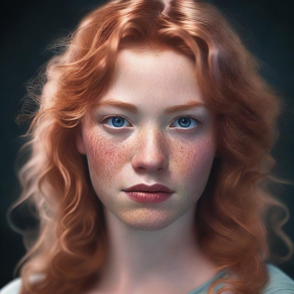 A 19 year old woman with strawberry blonde wavy hair, bright hazel eyes, some freckles across her nose and cheeks, and a somber expression