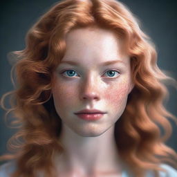 A 19 year old woman with strawberry blonde wavy hair, bright hazel eyes, some freckles across her nose and cheeks, and a somber expression