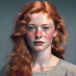 A 19 year old woman with strawberry blonde wavy hair, bright hazel eyes, some freckles across her nose and cheeks, and a somber expression