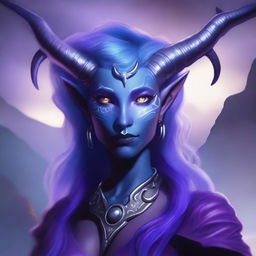 A female Tiefling with completely purple skin, blue hair, and silver eyes