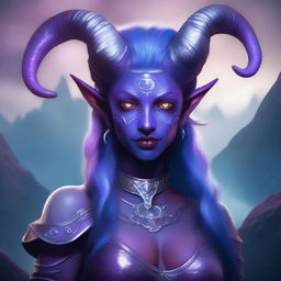 A female Tiefling with completely purple skin, blue hair, and silver eyes