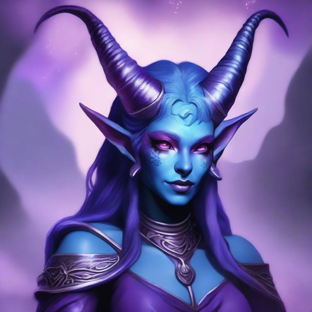 A female Tiefling with completely purple skin, blue hair, and silver eyes