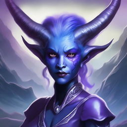 A female Tiefling with completely purple skin, blue hair, and silver eyes