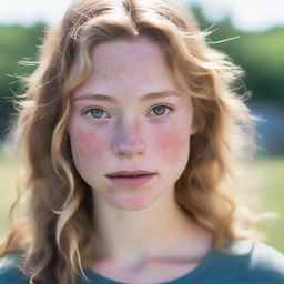 A 19 year old woman with blonde wavy hair, bright hazel eyes, and some freckles across her nose and cheeks