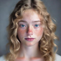 A 19 year old woman with blonde wavy hair, bright hazel eyes, and some freckles across her nose and cheeks