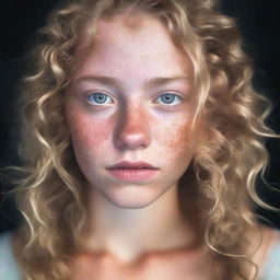 A 19 year old woman with blonde wavy hair, bright hazel eyes, and some freckles across her nose and cheeks