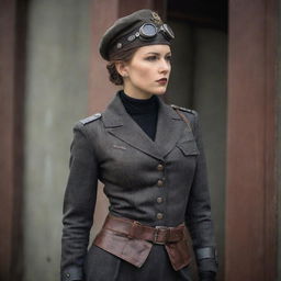 A woman clad in dieselpunk fashion, blending vintage-based aesthetics, grungy industrial details, and a bold warrior-like demeanor.